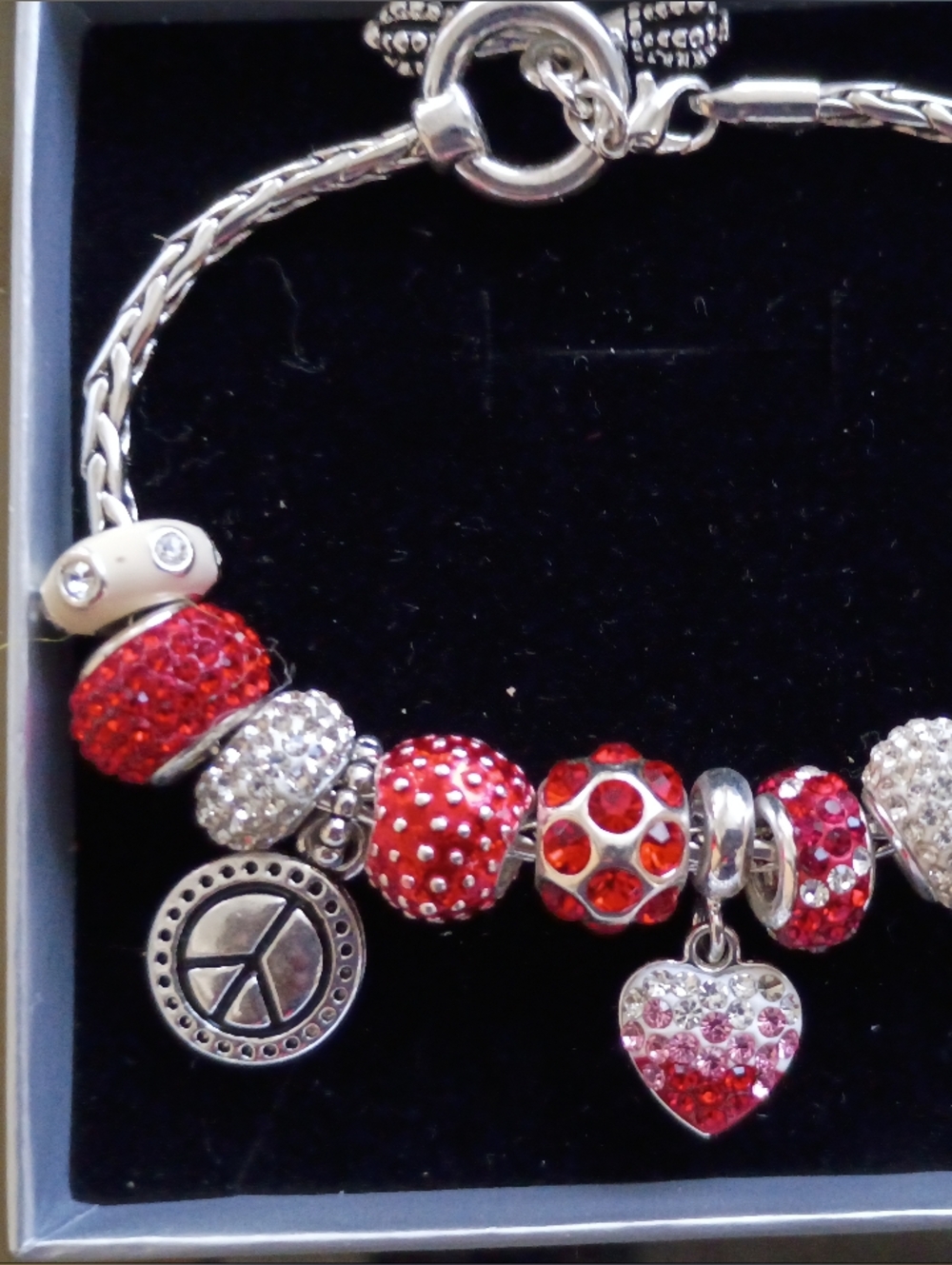Davinci Silver Charm Bracelet with Red and White Crystal Beads